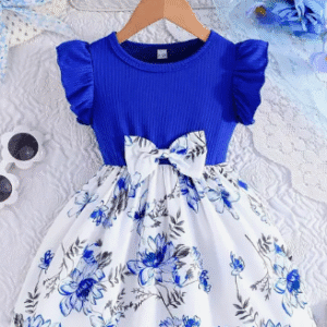 Baby's Casual Bow Decor Flower Pattern Cap Sleeve Dress, Infant & Toddler Girl's Dress For Daily Wear/Holiday/Party, As Gif